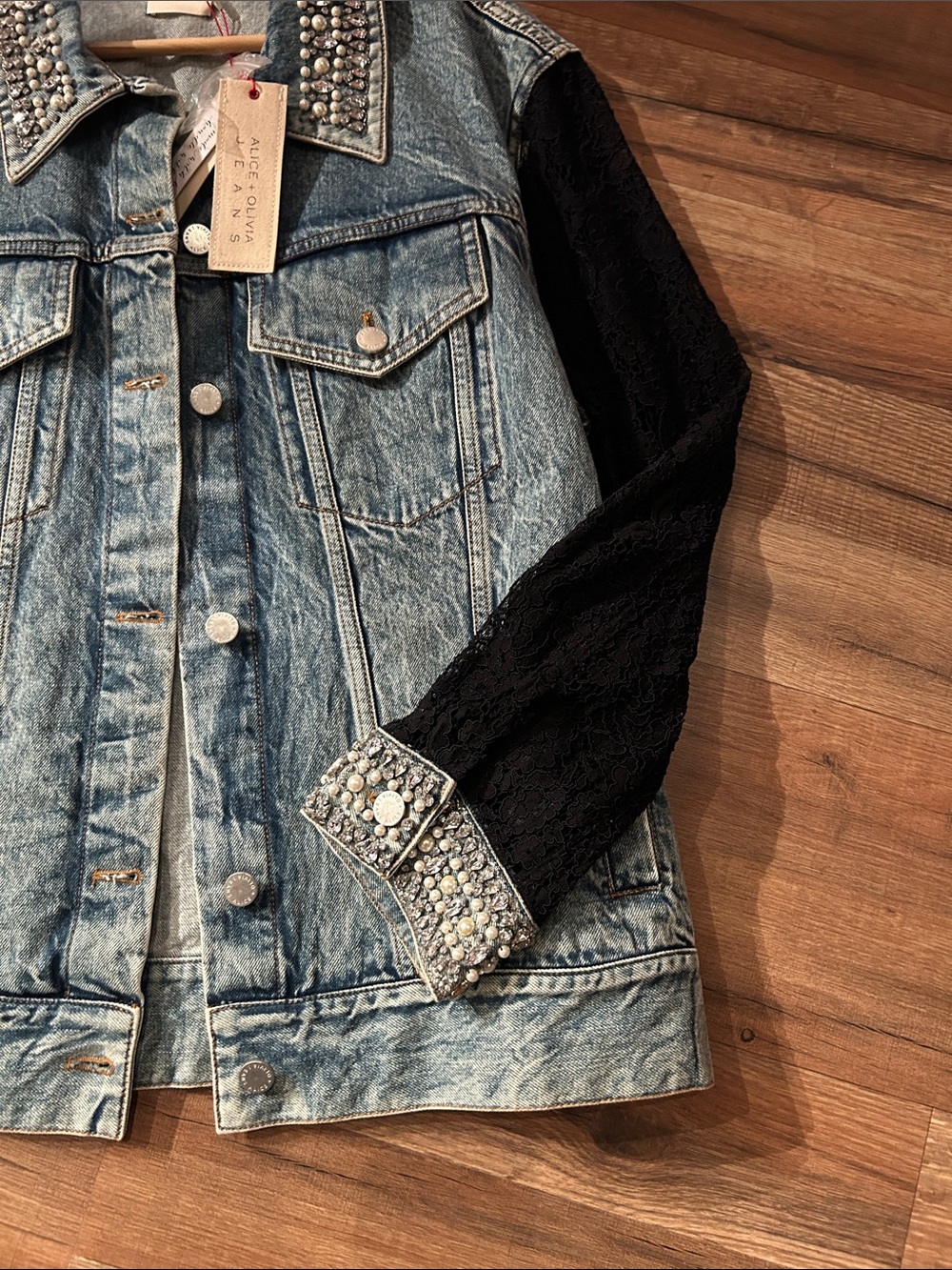 Alice + Olivia Blue Denim Jacket with Black Lace Sleeves and Crystal Trim - Picture 5 of 5